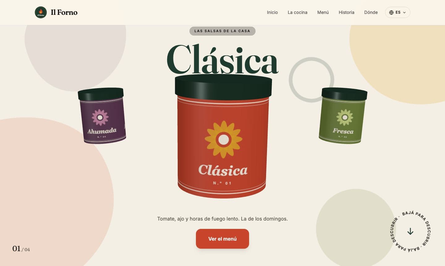 Portada del sitio de ejemplo Il Forno: frascos en 3D sobre fondo crema